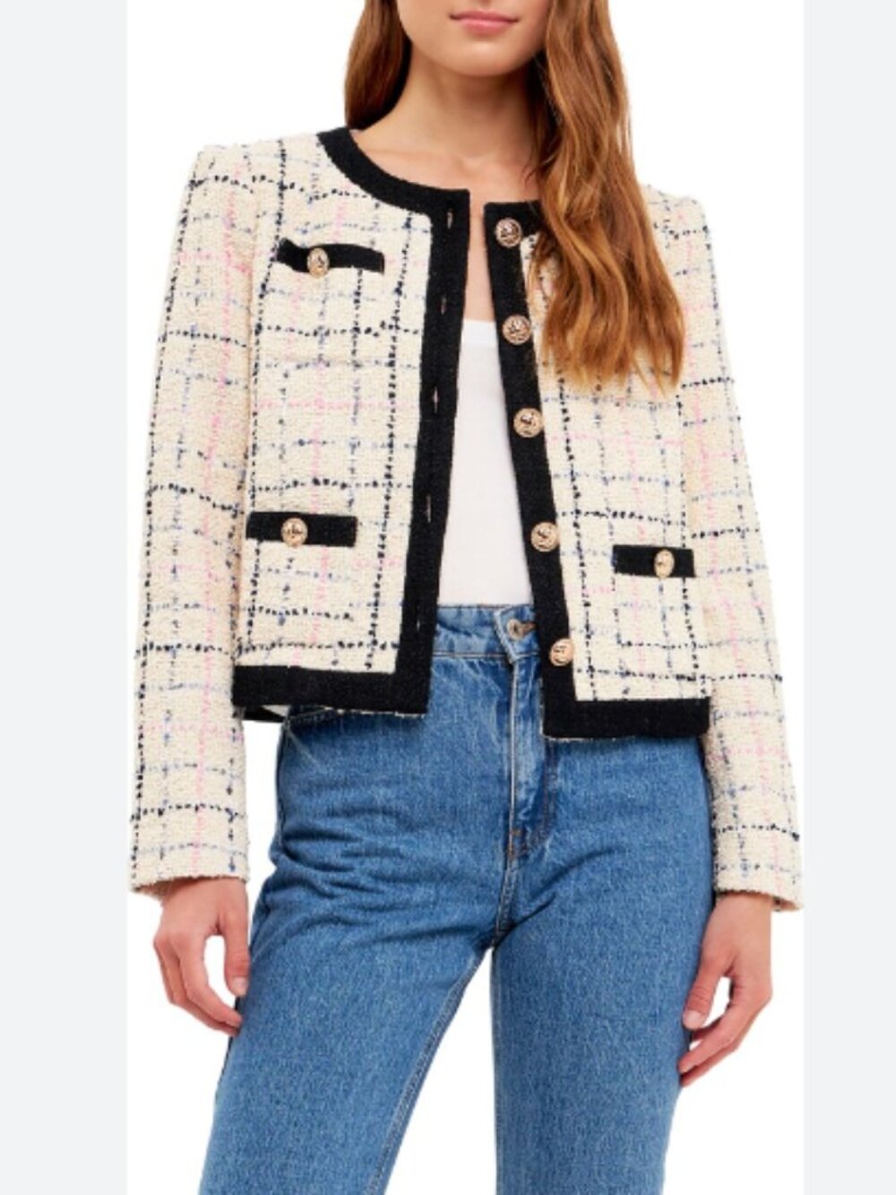 ENGLISH FACTORY Pink, Cream & Black Tweed Boucle Blazer, Size S